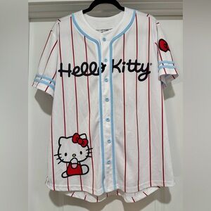Hello Kitty White Baseball Jersey with Red Stripes and Blue Accents Size XL EUC